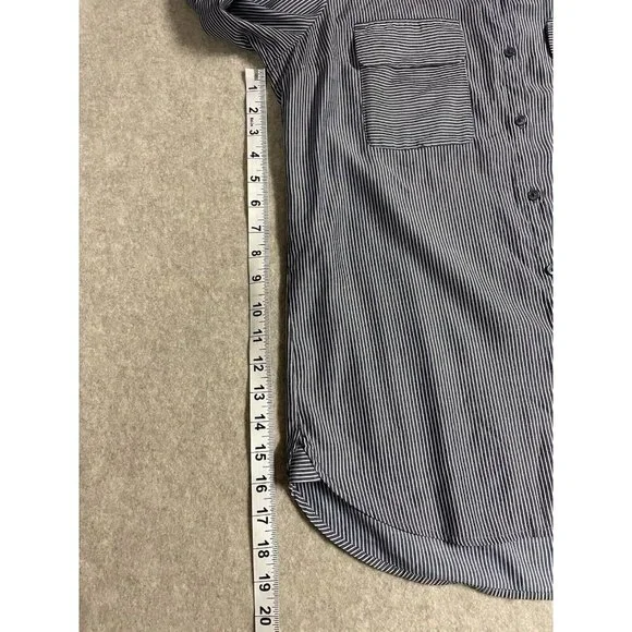 Express Womens Blouse Size Md Button Up Roll Tab Sleeve Grey/White Stripe - Picture 10 of 14